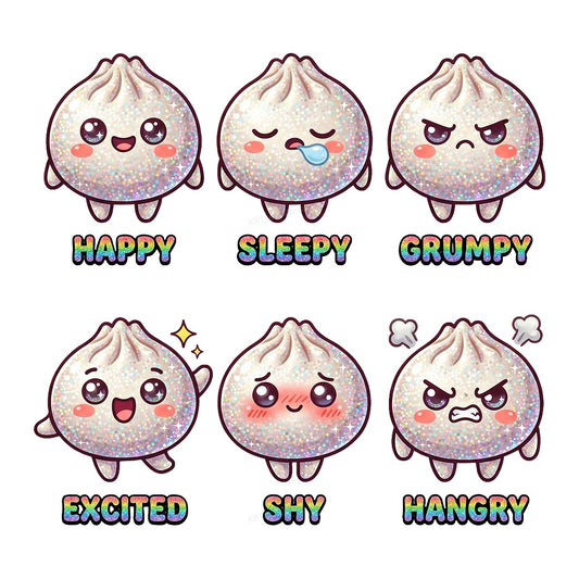 Funny Graphic Transfer Glitter Dumpling Emotions Happy Sleepy Grumpy Design for T Shirts Hoodies and Tote Bags - 1