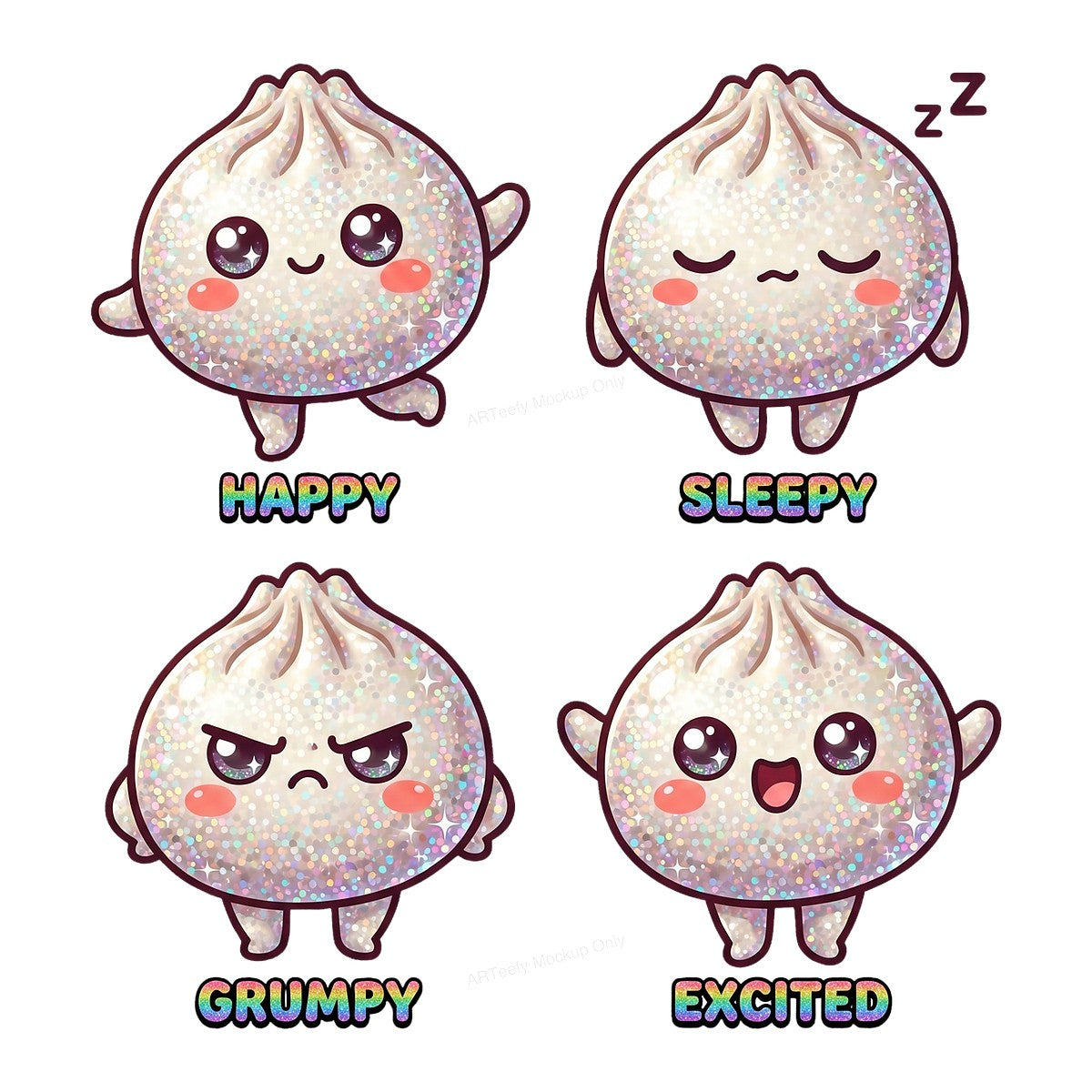 DTF Transfer Glitter Dumpling Emotions Happy Sleepy Grumpy Excited Graphic for T Shirts Hoodies and Tote Bags - 1