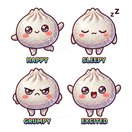 DTF Transfer Glitter Dumpling Emotions Happy Sleepy Grumpy Excited Graphic for T Shirts Hoodies and Tote Bags - 1