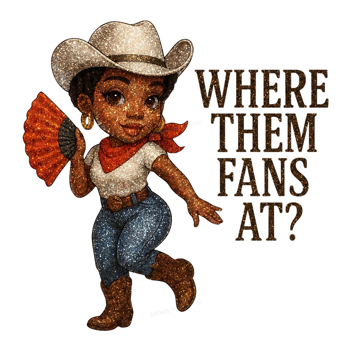 Western Heat Transfer Where Them Fans At Glitter Cowgirl Graphic for T Shirts Hoodies and Party Outfits - 1