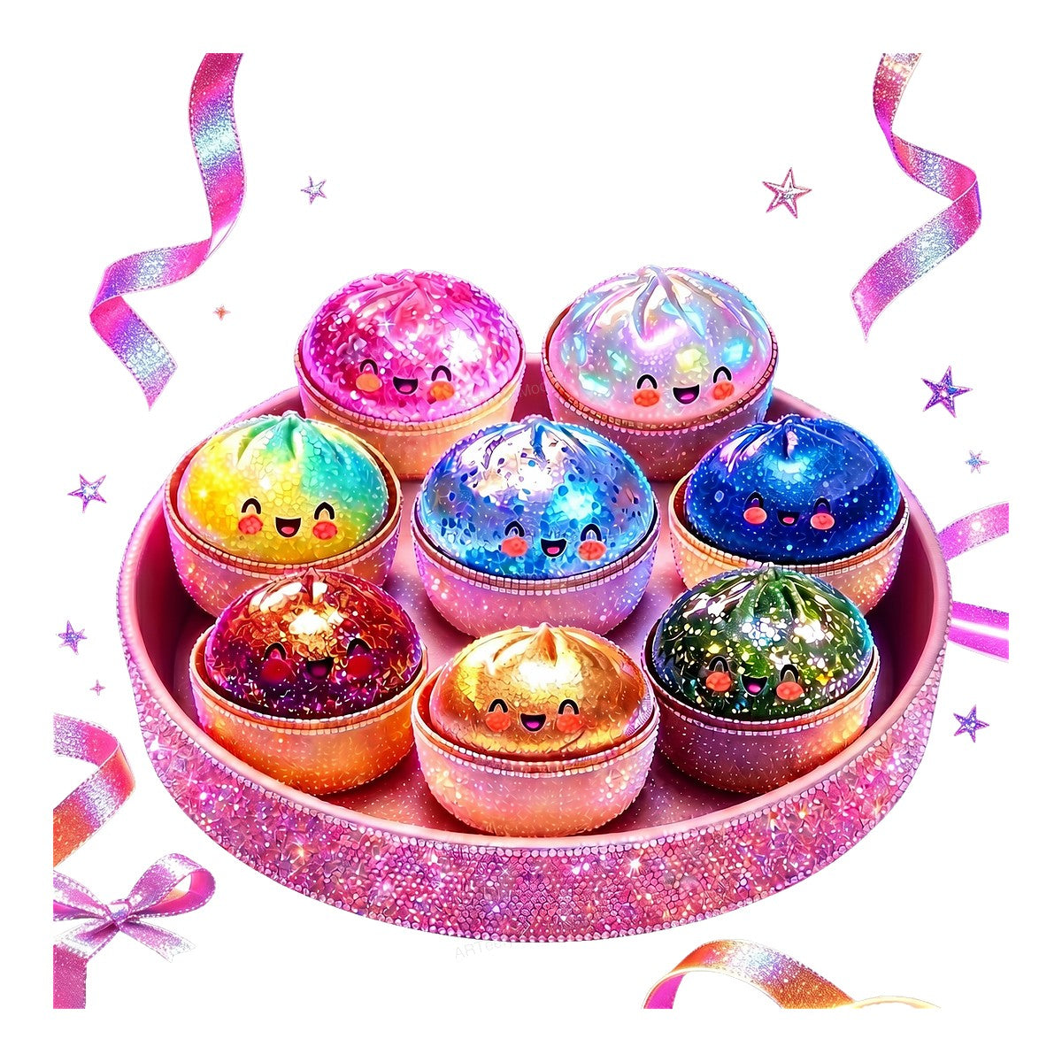 DTF Transfer Kawaii Rainbow Dumpling Characters Glitter Tray Graphic for T Shirts Hoodies and Tote Bags - 1
