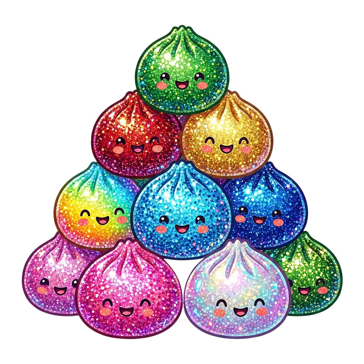 DTF Transfer Rainbow Glitter Dumpling Faces Kawaii Graphic for T Shirts Hoodies and Tote Bags - 1