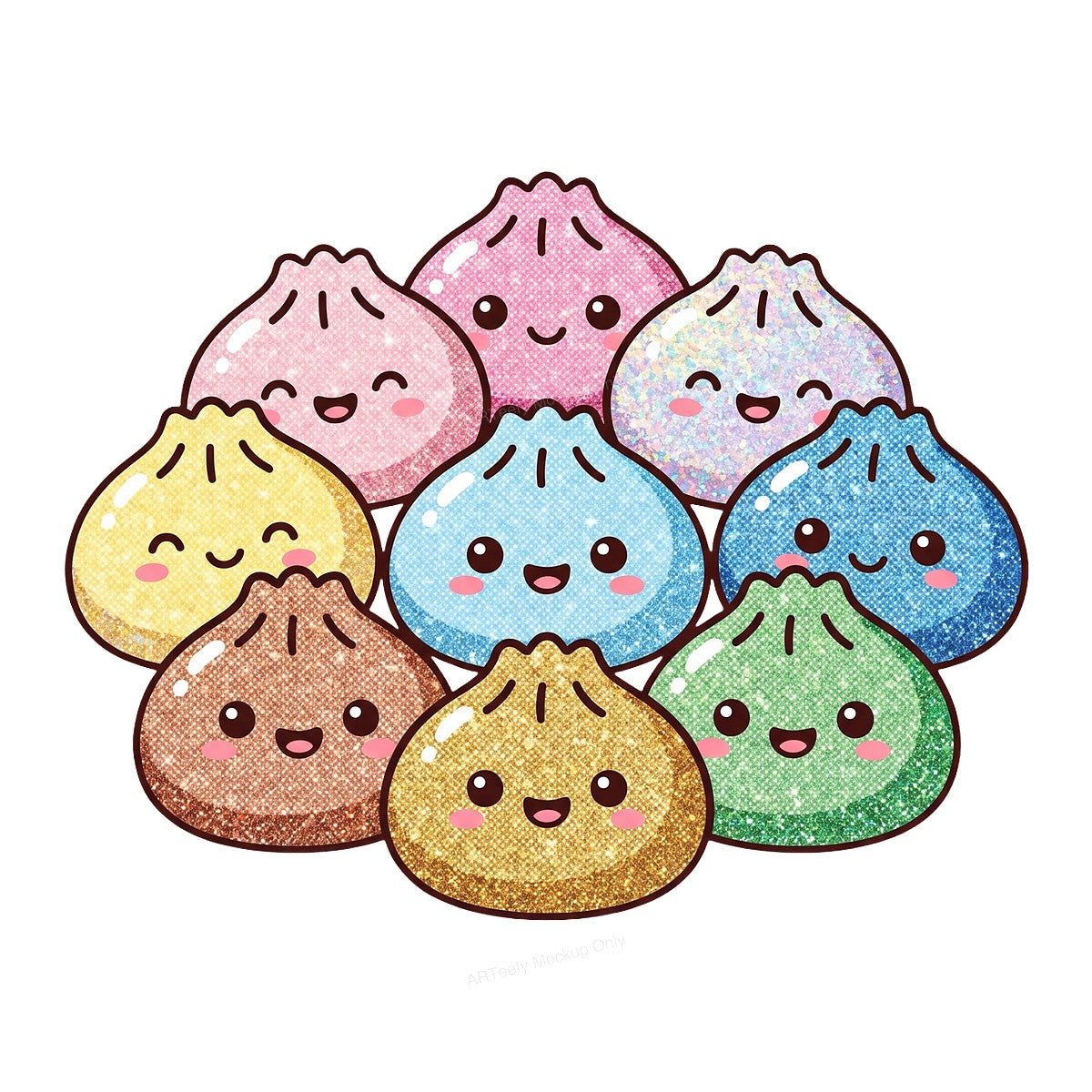 DTF Transfer Cute Glitter Rainbow Dumpling Faces Graphic for T Shirts Hoodies and Tote Bags - 1