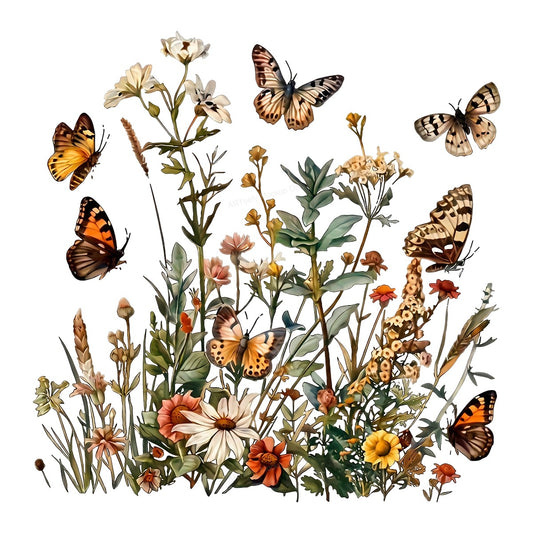 DTF Heat Transfer Wildflower Meadow with Butterflies Vintage Botanical Graphic for T Shirts Hoodies and Tote Bags - 1