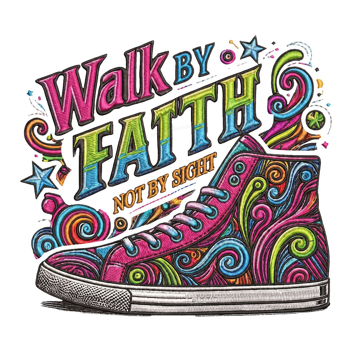 Christian Heat Transfer Walk By Faith Not By Sight Colorful Sneaker Graphic for T Shirts Hoodies and Tote Bags - 1