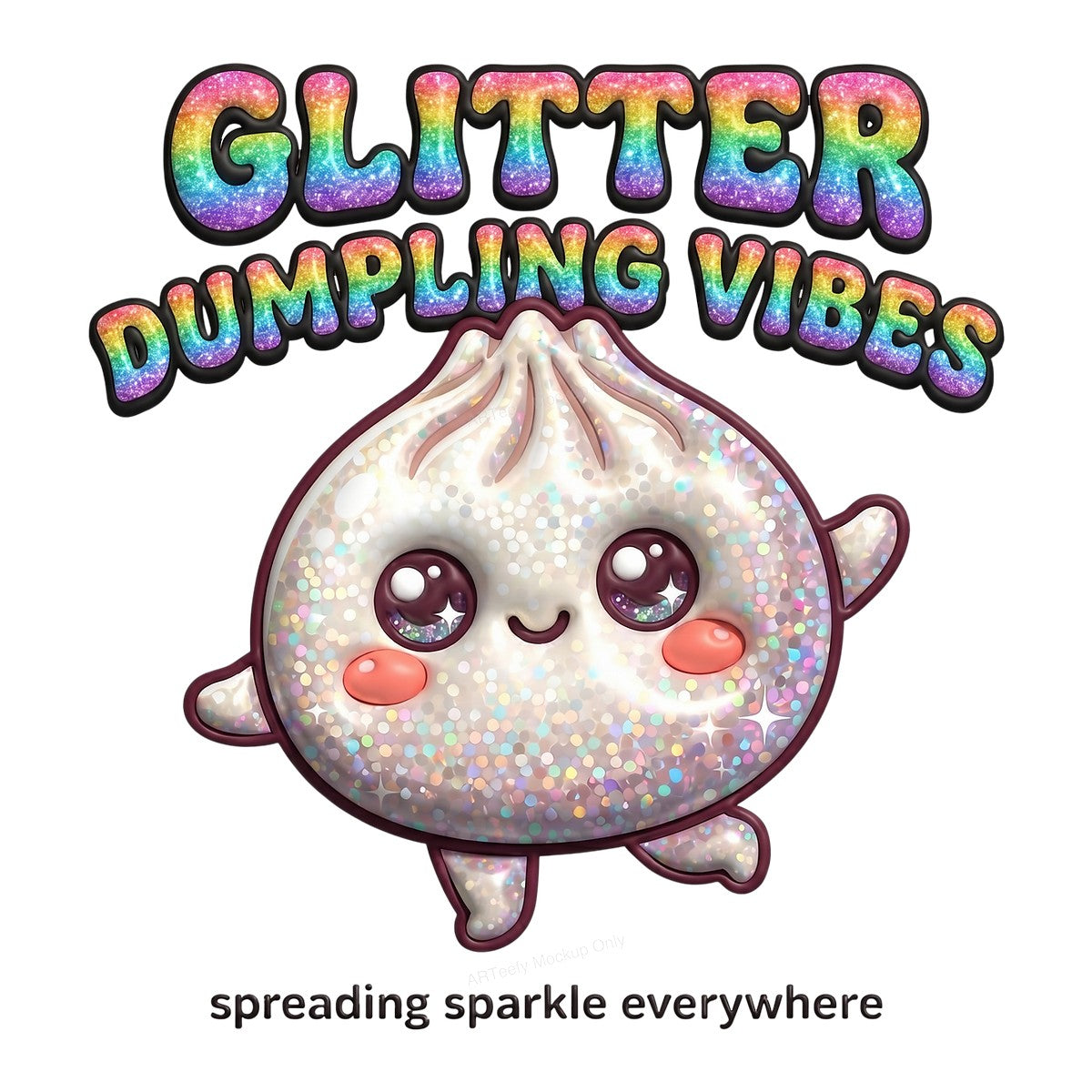 DTF Heat Transfer Glitter Dumpling Vibes Kawaii Sparkle Graphic for T Shirts Hoodies and Tote Bags - 1