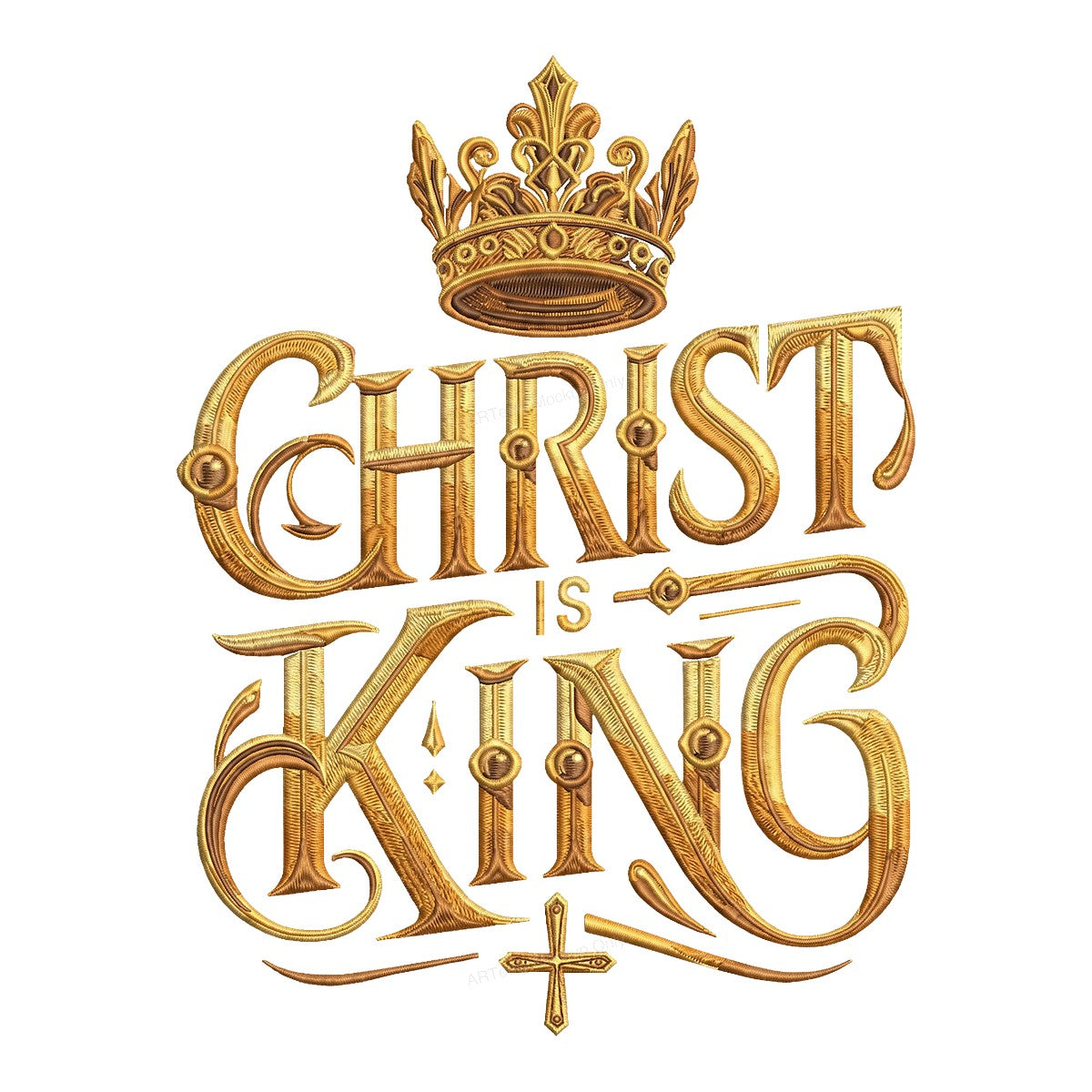 Christian Heat Transfer Christ Is King Crown and Cross Gold Lettering Design for Christian Apparel and Gifts - 1