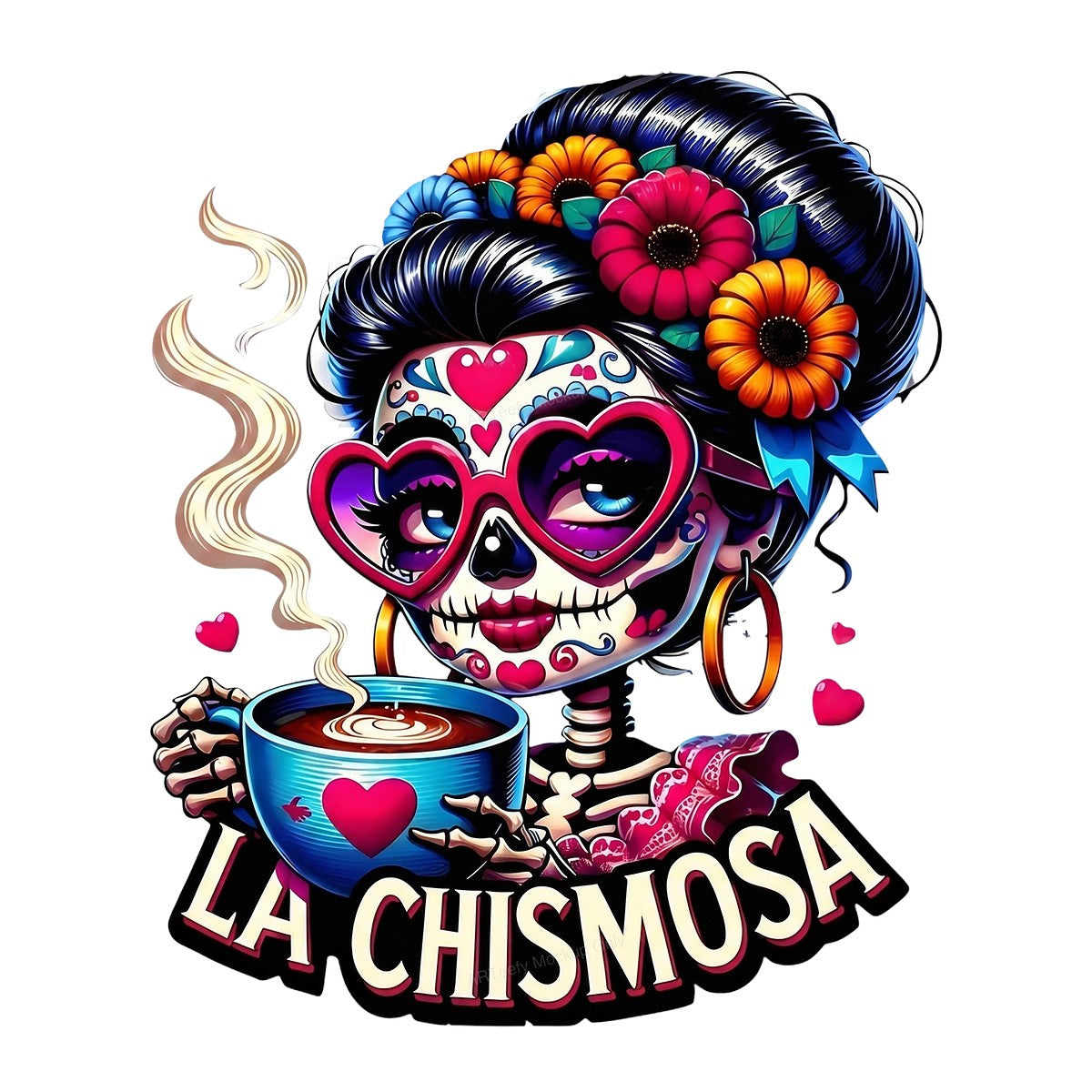 DTF Heat Transfer La Chismosa Skeleton Latina with Coffee Colorful Floral Graphic for T Shirts Hoodies and Tote Bags - 1