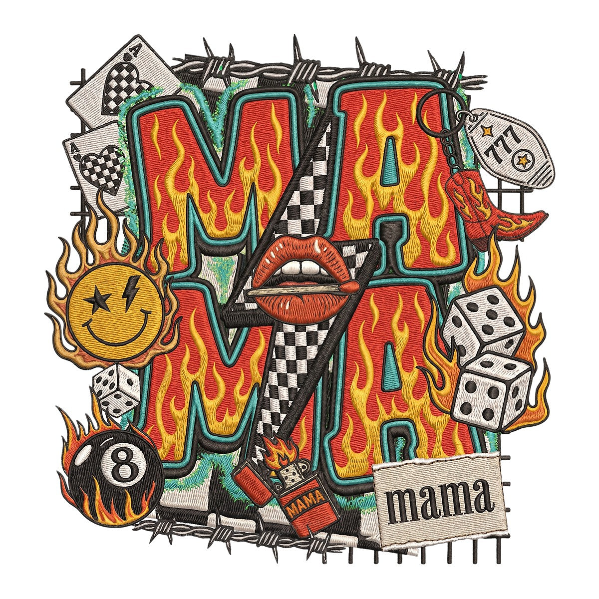 DTF Transfer Rock n Roll Mama Flaming Letters and Checkerboard Lips Graphic for T Shirts Hoodies and Tote Bags - 1