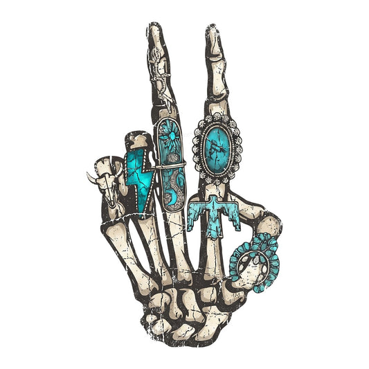 Western Heat Transfer Skeleton Peace Hand with Turquoise Rings Graphic for T Shirts Hoodies and Tote Bags - 1