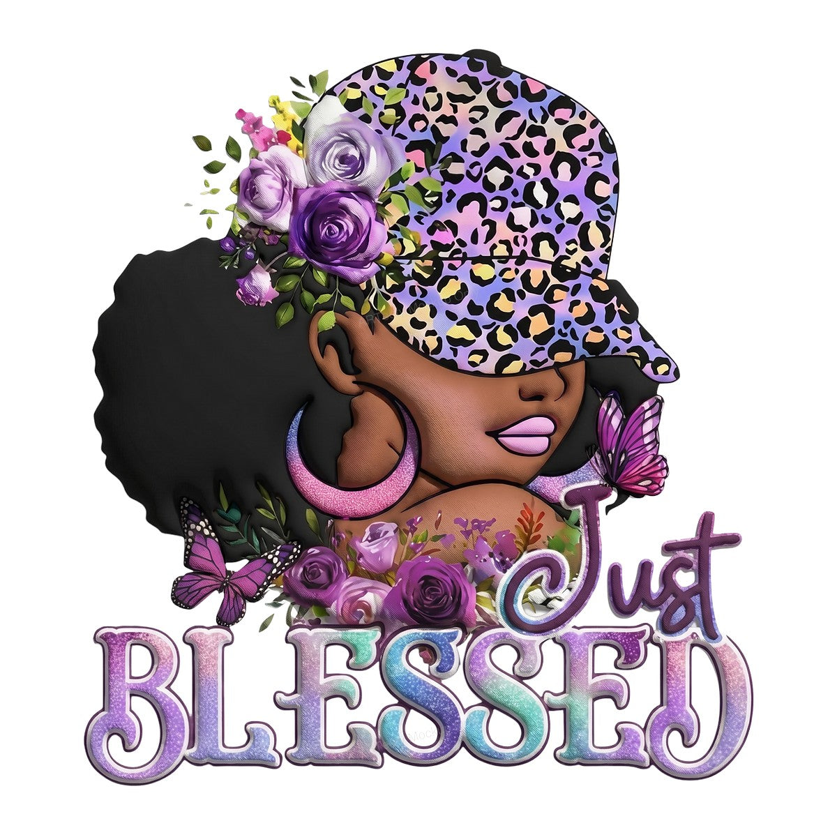 DTF Heat Transfer Just Blessed Afro Woman with Floral Leopard Hat and Butterflies Graphic for T Shirts Hoodies and Tote Bags - 1