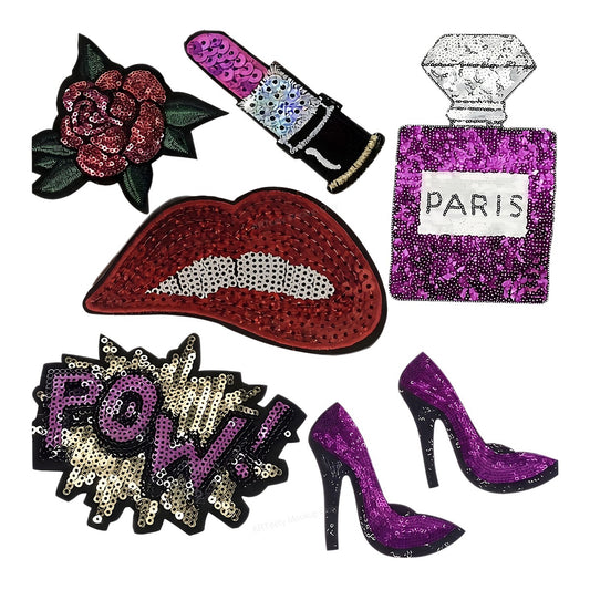 Heat Transfer Patch Glam Lips Lipstick Perfume and Heels Sequin Graphic for T Shirts Jackets and Tote Bags - 1