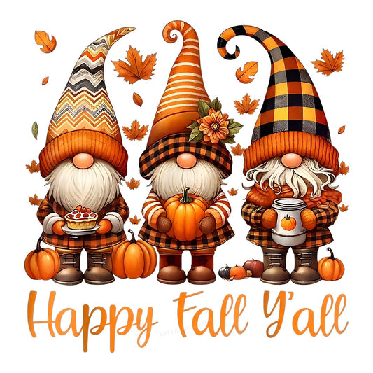 DTF Heat Transfer Happy Fall Y’all Autumn Gnomes Pumpkin Graphic for T Shirts Hoodies and Tote Bags - 1