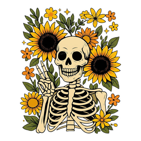 DTF Heat Transfer Peace Sign Skeleton with Sunflowers Retro Floral Graphic for T Shirts Hoodies and Tote Bags - 1