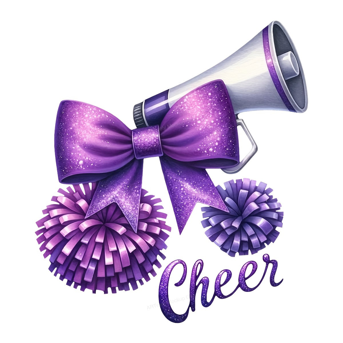 DTF Heat Transfer Cheer Megaphone with Purple Glitter Bow and Pom Poms Graphic for T Shirts Hoodies and Cheerleading Apparel - 1