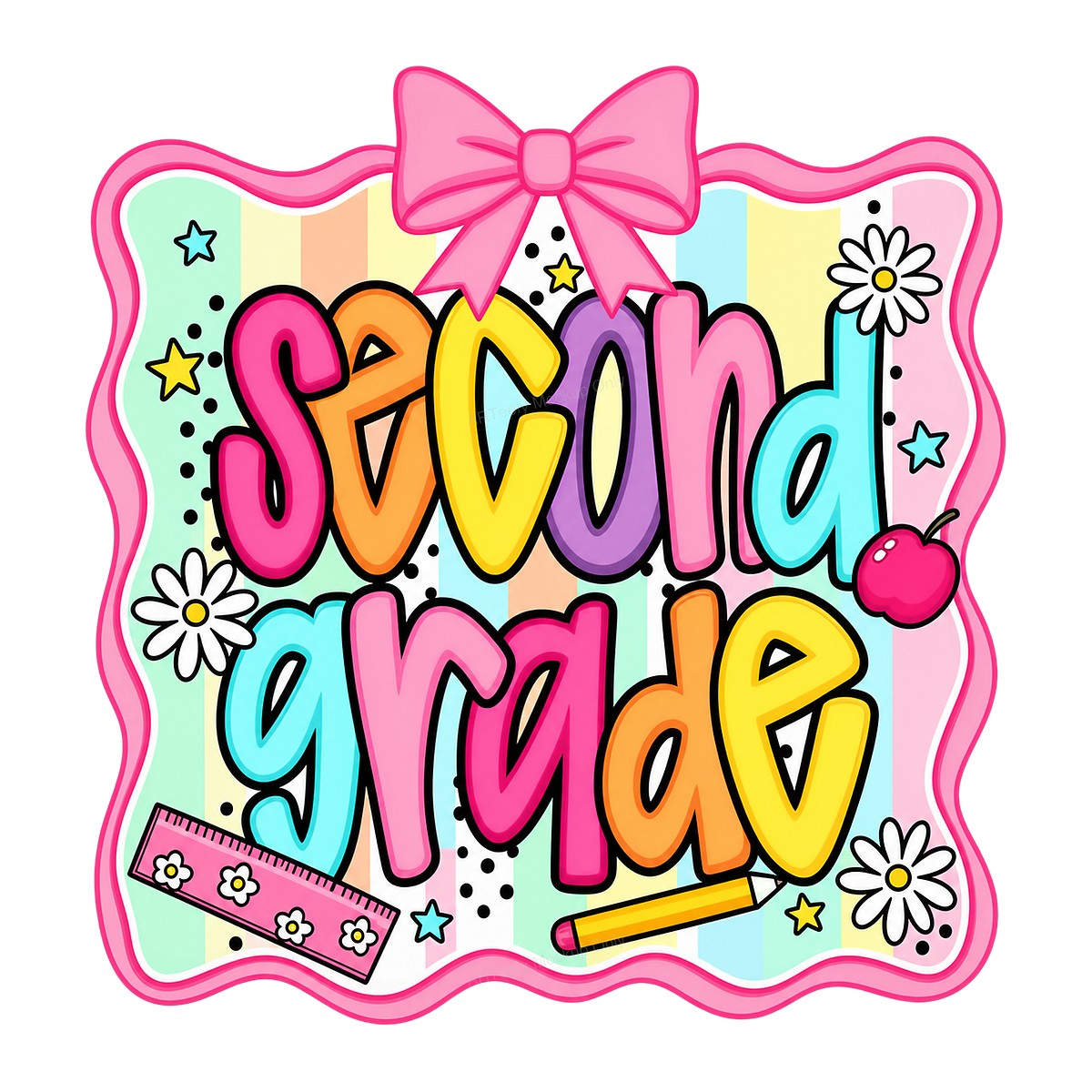 DTF Heat Transfer Second Grade Pastel Rainbow Bow and School Icons Graphic for T Shirts Hoodies and Back to School Gifts - 1
