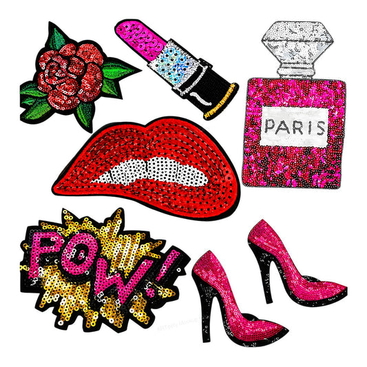 Heat Transfer Patch Glam Lips Lipstick Perfume and Heels Sequin Graphic for T Shirts Jackets and Tote Bags - 1