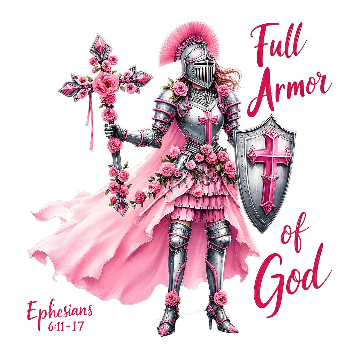 Christian Heat Transfer Full Armor of God Pink Warrior with Cross and Roses Graphic for T Shirts Hoodies and Christian Apparel - 1
