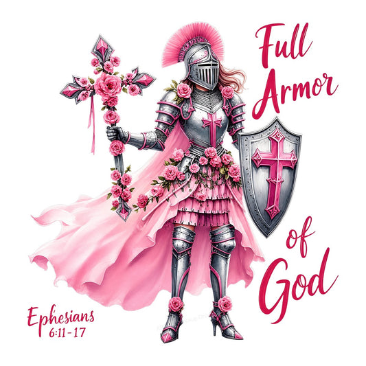 Christian Heat Transfer Full Armor of God Pink Warrior with Cross and Roses Graphic for T Shirts Hoodies and Christian Apparel - 1