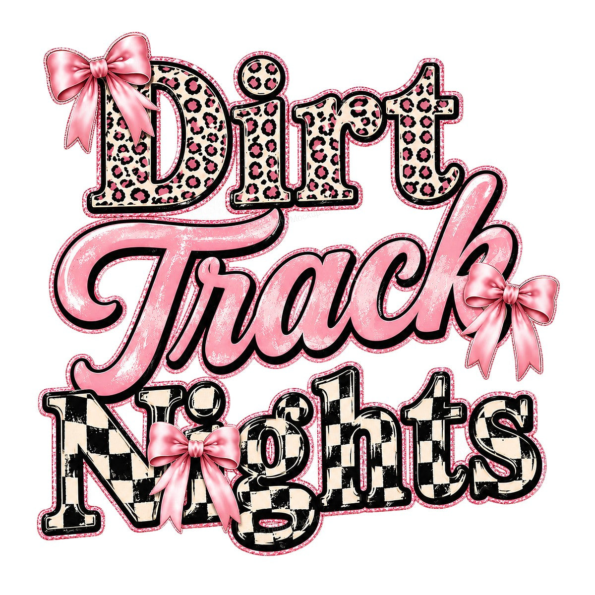 DTF Heat Transfer Dirt Track Nights Leopard and Checkered Bow Graphic for T Shirts Hoodies and Racing Apparel - 1