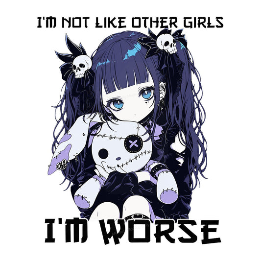 DTF Heat Transfer I’m Not Like Other I’m Worse Gothic Anime Girl with Skull Bows Graphic for T Shirts Hoodies and Tote Bags - 1