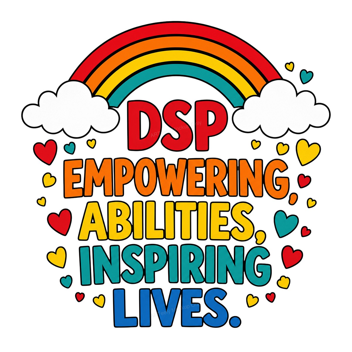 DTF Transfer DSP Empowering Abilities Inspiring Lives Rainbow Heart Graphic for T Shirts Hoodies and Tote Bags - 1
