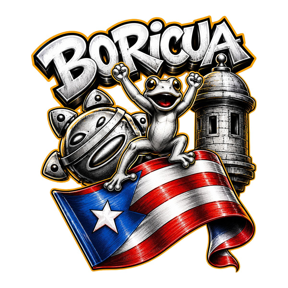 DTF Heat Transfer Boricua Coqui Frog with Puerto Rico Flag Graffiti Style Graphic for T Shirts Hoodies and Tote Bags - 1