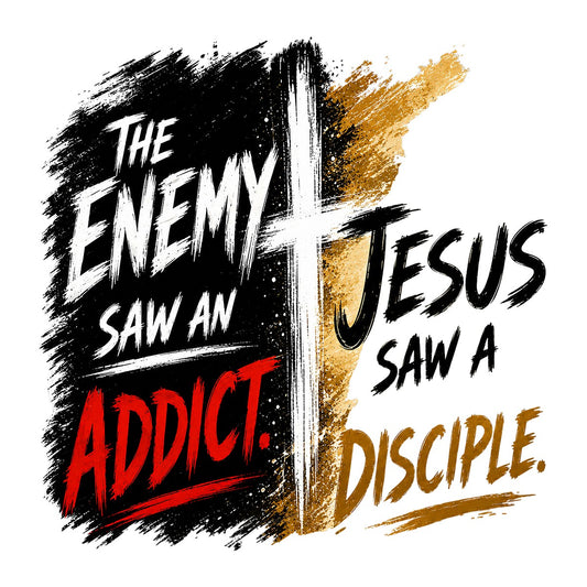 Christian Heat Transfer The Enemy Saw An Addict Jesus Saw A Disciple Cross Graphic for T Shirts Hoodies and Tote Bags - 1