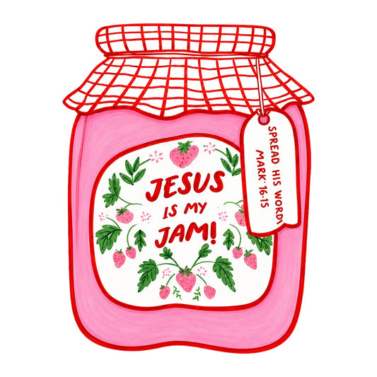 Christian Heat Transfer Jesus Is My Jam Strawberry Jar Graphic for T Shirts Hoodies and Tote Bags - 1