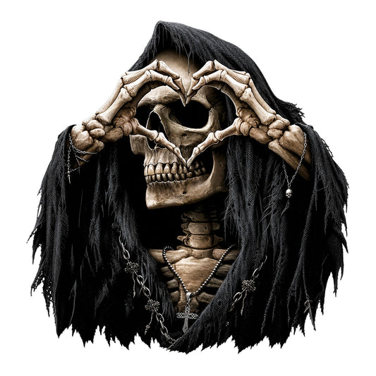 DTF Transfer Grim Reaper Skeleton Heart Hands Gothic Cloak Graphic for T Shirts Hoodies and Halloween Shirts - 1