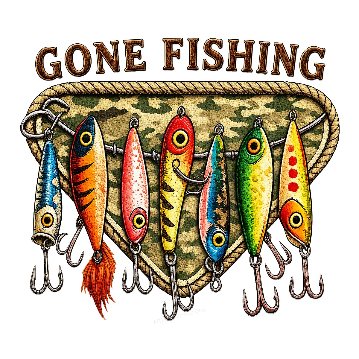 DTF Transfer Gone Fishing Lures Camouflage Triangle Graphic for T Shirts Hoodies and Fishing Gifts - 1