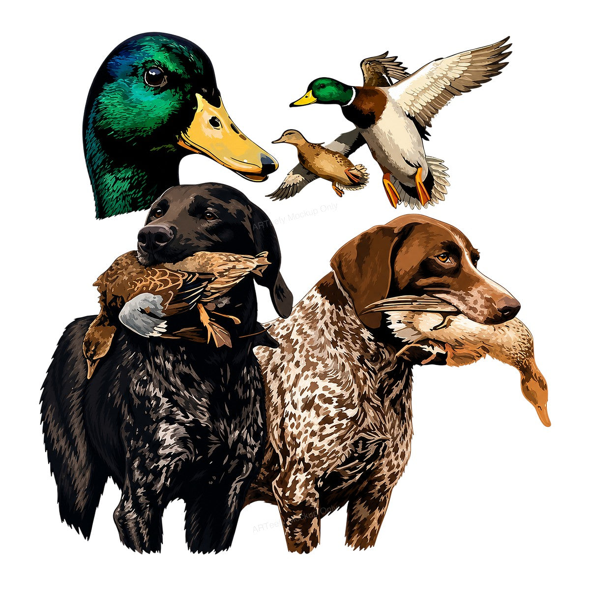 DTF Transfer Duck Hunting Dogs with Mallard Graphic Art for T Shirts Hoodies and Hunting Apparel - 1