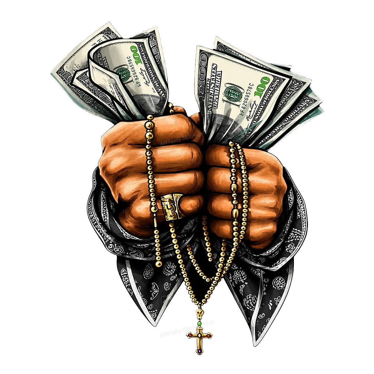 DTF Heat Transfer Praying Hands with Cash and Gold Cross Bandana Art Graphic for T Shirts Hoodies and Streetwear Apparel - 1