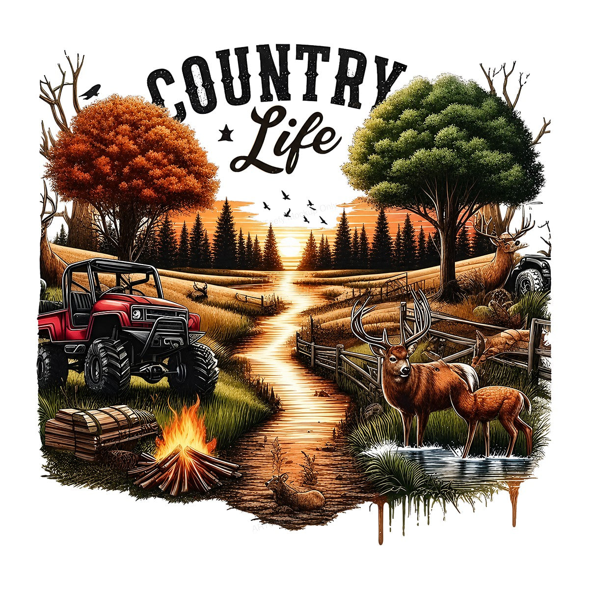 Western Heat Transfer Country Life Deer and ATV Sunset Landscape Graphic for T Shirts Hoodies and Tote Bags - 1