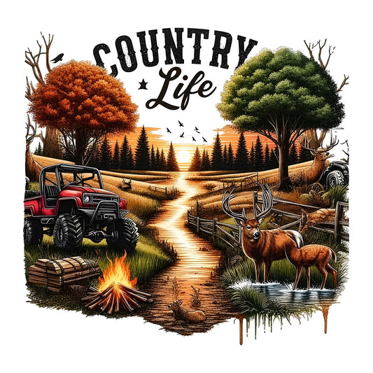 Western Heat Transfer Country Life Deer and ATV Sunset Landscape Graphic for T Shirts Hoodies and Tote Bags - 1