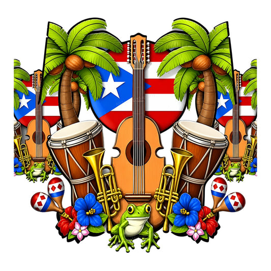 DTF Heat Transfer Puerto Rico Flag Guitar and Drum Tropical Frog Graphic for T Shirts Hoodies and Tote Bags - 1