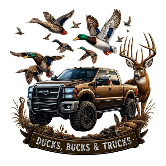 DTF Transfer Ducks Bucks and Trucks Quote with Pickup Deer and Duck Hunting Graphic for T Shirts Hoodies and Gifts - 1