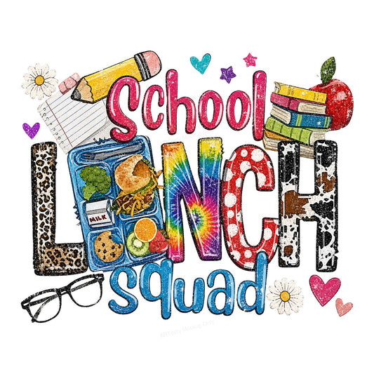 DTF Transfer School Lunch Squad Retro Rainbow Lettering Graphic for Teacher Shirts and Back to School Apparel - 1