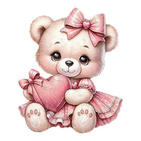DTF Heat Transfer Cute Valentine Teddy Bear in Pink Dress Holding Heart Graphic for T Shirts Hoodies and Tote Bags - 1