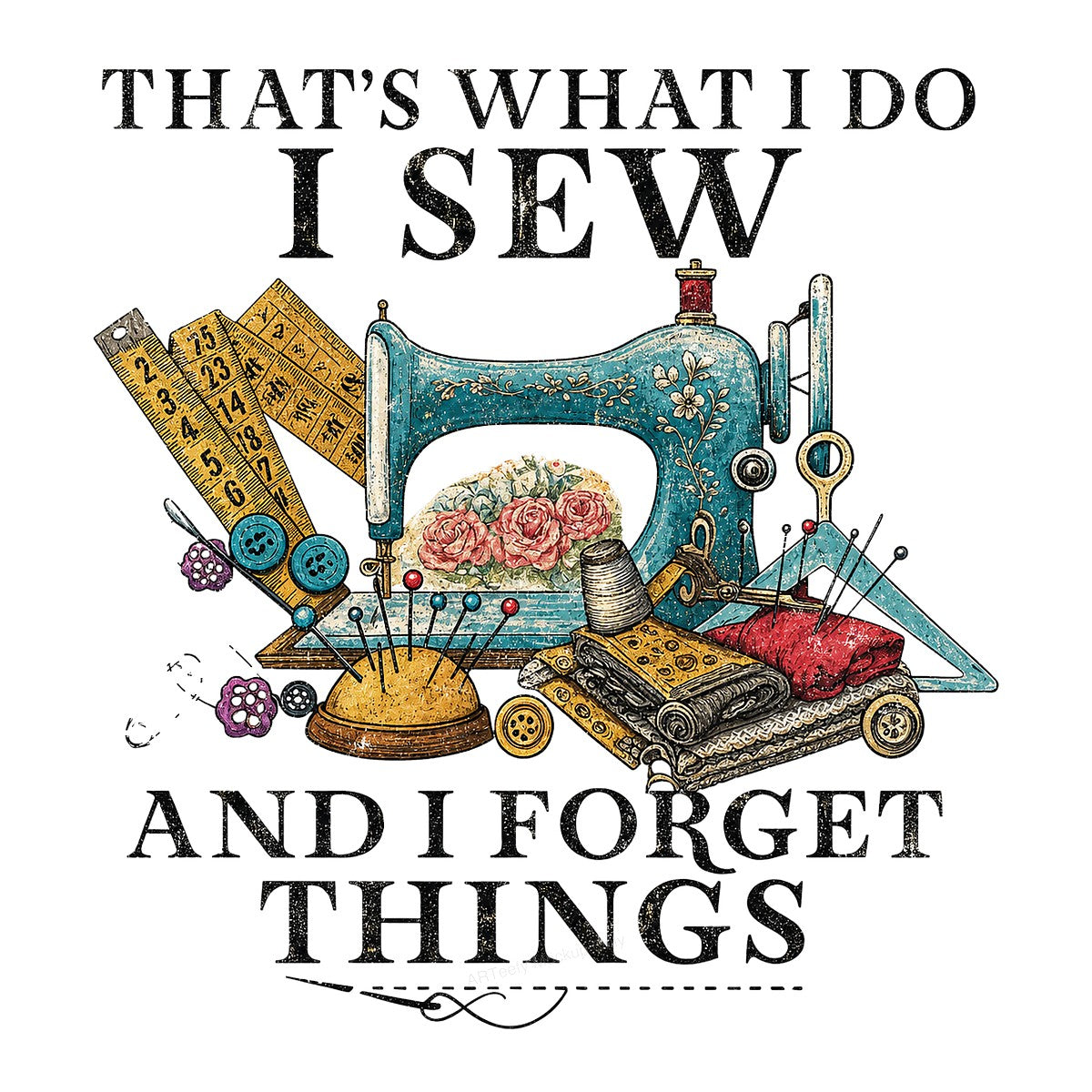 Funny Graphic Transfer “That’s What I Do I Sew And I Forget Things” Vintage Sewing Machine Design for T Shirts Hoodies and Tote Bags - 1