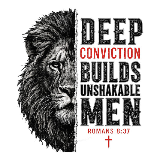 Christian Heat Transfer Deep Conviction Builds Unshakable Men Lion Graphic Romans 8:37 for T Shirts Hoodies and Christian Apparel - 1