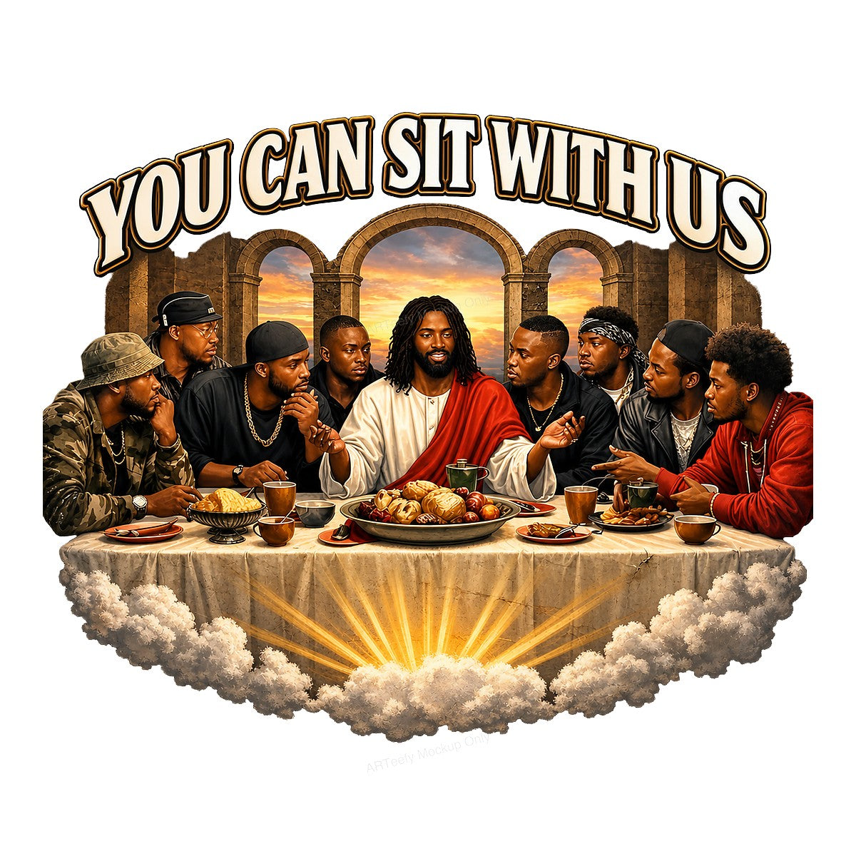 Christian Heat Transfer “You Can Sit With Us” Modern Last Supper Graphic for T Shirts Hoodies and Christian Apparel - 1