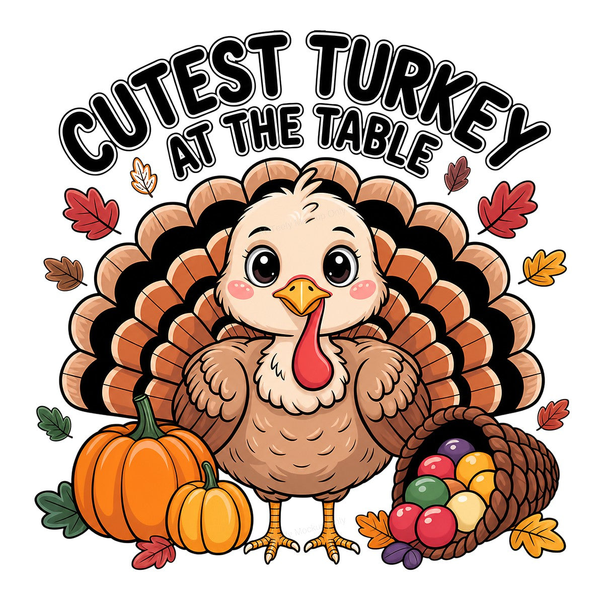 DTF Heat Transfer Cutest Turkey at the Table Cartoon Thanksgiving Graphic for T Shirts Hoodies and Family Holiday Shirts - 1