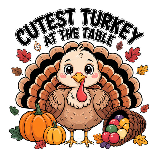 DTF Heat Transfer Cutest Turkey at the Table Cartoon Thanksgiving Graphic for T Shirts Hoodies and Family Holiday Shirts - 1