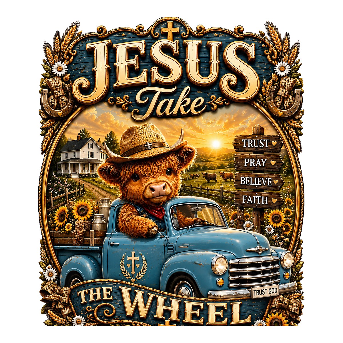 Christian Heat Transfer “Jesus Take The Wheel” Cowboy Highland Cow Truck Graphic for T Shirts Hoodies and Christian Apparel - 1