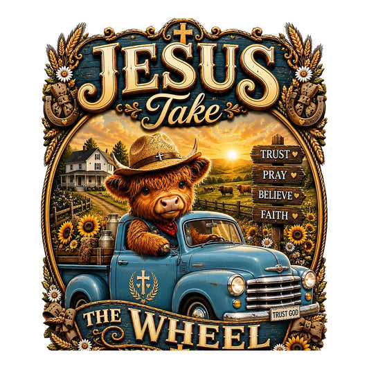 Christian Heat Transfer “Jesus Take The Wheel” Cowboy Highland Cow Truck Graphic for T Shirts Hoodies and Christian Apparel - 1