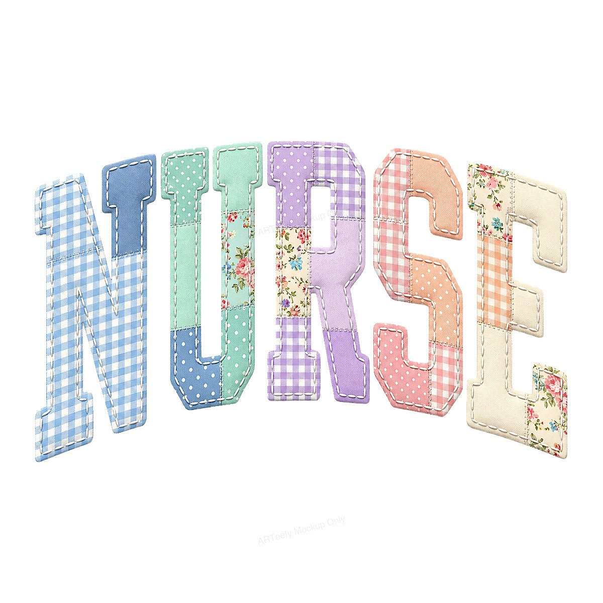 DTF Heat Transfer Patchwork NURSE Quilted Gingham Floral Letters Graphic for T Shirts Hoodies and Tote Bags - 1