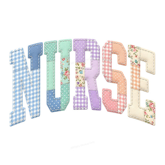 DTF Heat Transfer Patchwork NURSE Quilted Gingham Floral Letters Graphic for T Shirts Hoodies and Tote Bags - 1