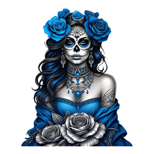 DTF Heat Transfer Gothic Blue Rose Bride Tattooed Woman Art Graphic for T Shirts Hoodies and Tote Bags - 1