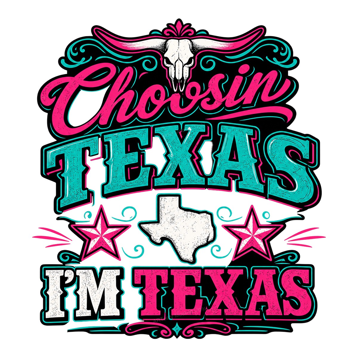 Western Heat Transfer Chosin Texas I’m Texas Longhorn Skull Neon Graphic for T Shirts Hoodies and Tote Bags - 1